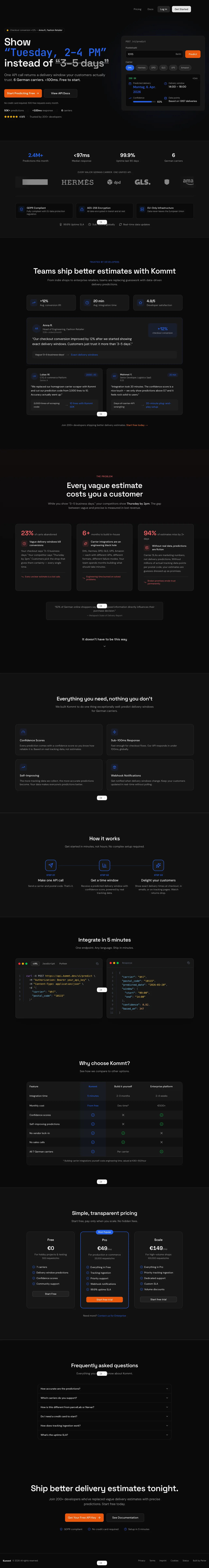 Kommt delivery estimates SaaS product website